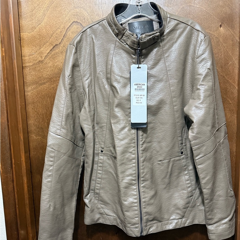 Taupe medium leather jacket. NEVER WORN.